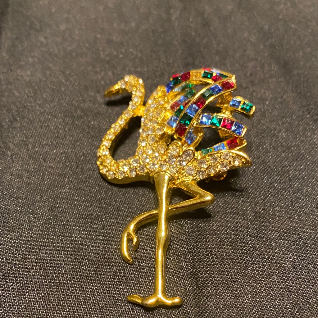 Gold Flamingo Brooch With Multicolor Gems